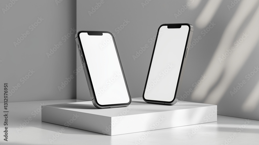 White presentation podium with two phone. 3d render illustration mockup. Ai Generated Images White presentation podium with two phone. 3d render illustration mockup. Ai Generated Images