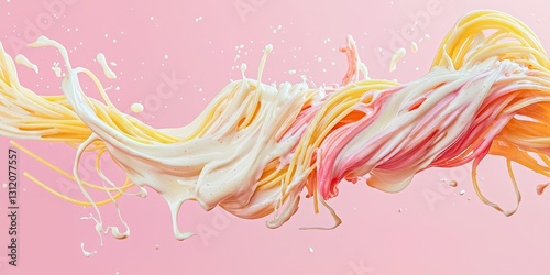A dynamic shot of brightly colored spaghetti strands twisting mid-air, drenched in creamy Alfredo sauce, with splashes of sauce frozen in motion on a soft pink background