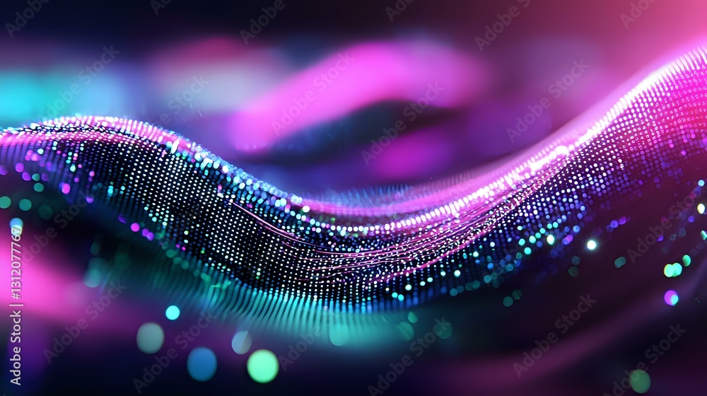 Glowing particles form dynamic wave pattern in purple and turquoise colors against dark background, creating magical flowing motion effect with bokeh lights. Glowing particles form dynamic wave pattern in purple and turquoise colors against dark background, creating magical flowing motion effect with bokeh lights.