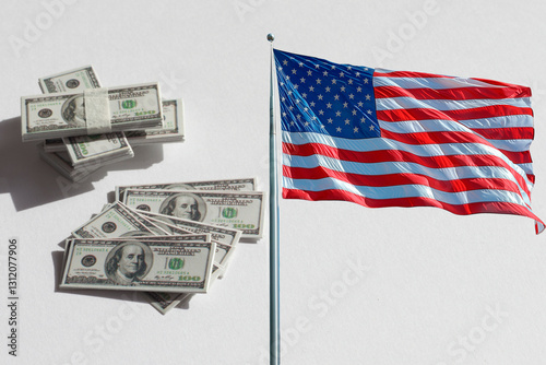 Closeup of American flag and dollar cash. One dollar bill and USA flag background. American economy concept