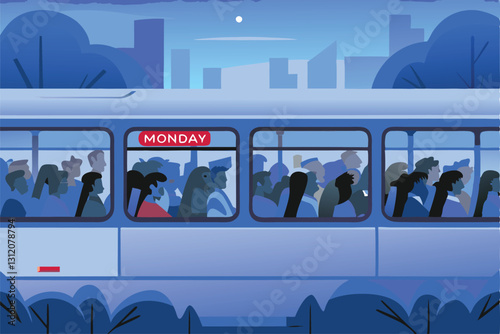 A packed Monday morning public bus, depicting commuters' weary faces and crowded conditions. Show the bustling atmosphere of urban public transit.