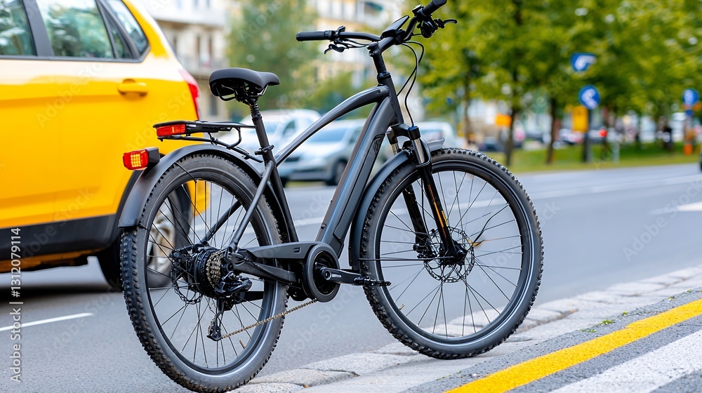 Fototapeta premium A modern electric bicycle parked on a vibrant city street beside a yellow taxi showcasing urban transportation.