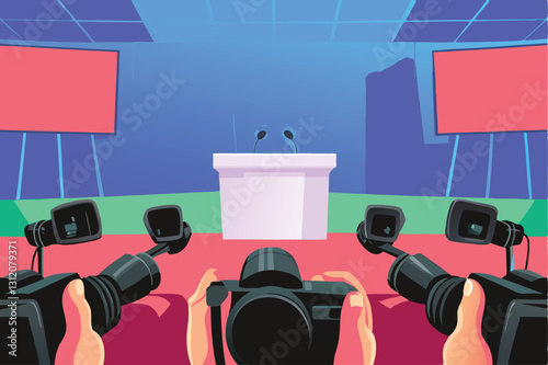 A bustling conference media room filled with reporters actively working, capturing news; showcasing technology and communication.