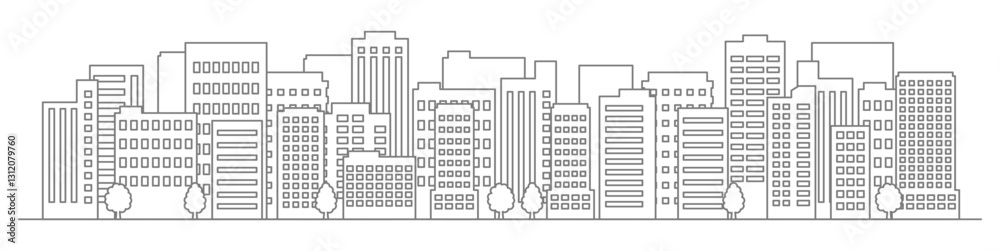 Naklejka premium 高層ビルが建ち並ぶビジネス街・都会の街並みのイラスト線画1