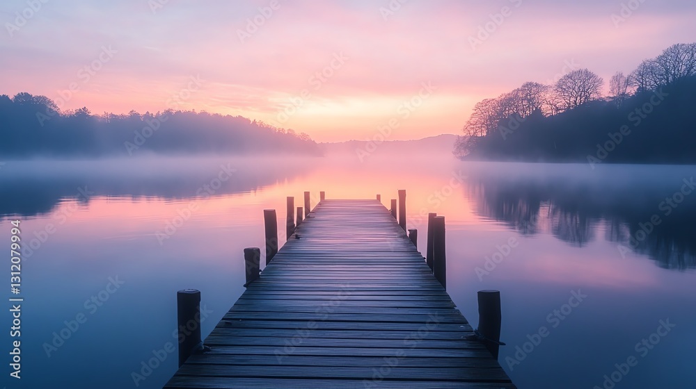 A picturesque dock on a mistcovered lake at sunrise A picturesque dock on a mistcovered lake at sunrise