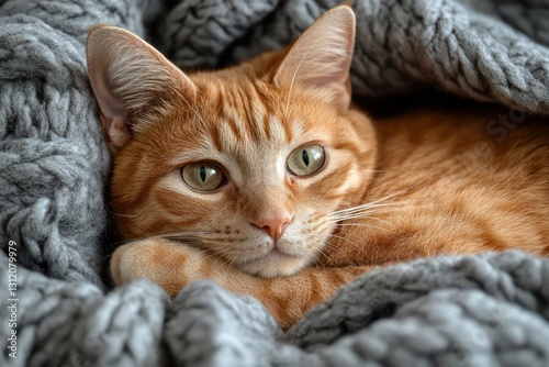 An orange cat relaxes on a warm gray blanket, enjoying a peaceful afternoon indoors