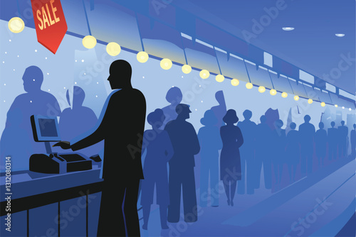 A busy Monday morning retail scene; a cashier diligently scans items at a checkout counter, highlighting the fast-paced nature of retail work during peak hours.