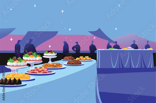 Lavish conference lunch buffet  tables laden with diverse food, catering to various dietary needs. Focus on abundant food choices and appealing presentation.