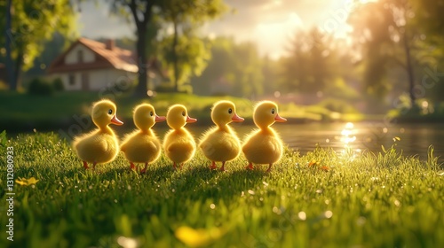 A lush, grassy field bathed in sunlight filters through trees to warmly light a quaint house in the distance. Green hues dance with dappled shadows beneath a radiant sky photo