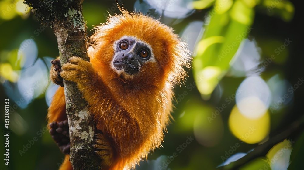 Fototapeta premium A golden lion tamarin hanging from a tree branch in the Brazilian rainforest, its vibrant orange fur glowing in the sunlight