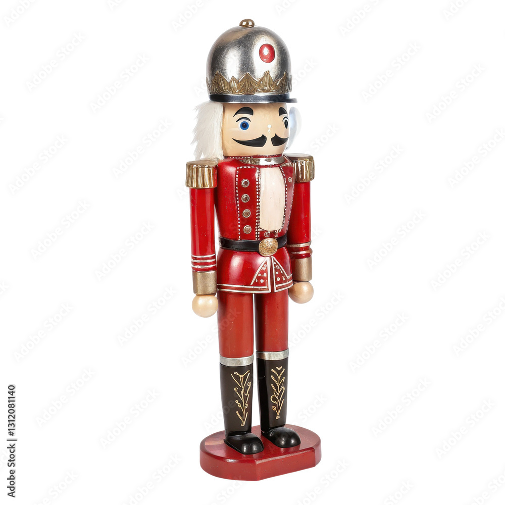 Naklejka premium A colorful wooden nutcracker figurine dressed in a red military uniform with a silver hat and a distinguished mustache.