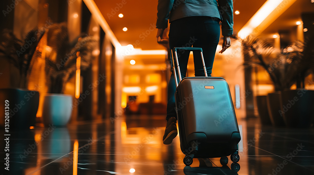 Φωτογραφία 20250306215230list 19 20250306215049list 11 20250306214924list 4 A person rolling their suitcase through a modern hotel lobby with sleek interior design and warm lighting