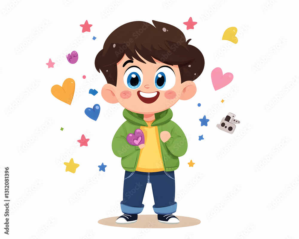 A smiling boy with blue eyes and brown hair wearing a green jacket and blue jeans, surrounded by hearts and stars A smiling boy with blue eyes and brown hair wearing a green jacket and blue jeans, surrounded by hearts and stars