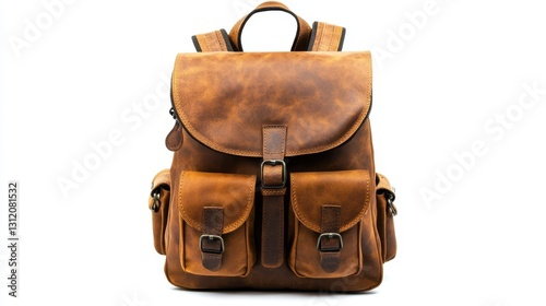 A leather brown school backpack isolated on a white background, ideal for back-to-school concepts with a focus on style and functionality. photo