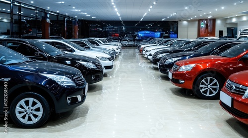 A large showroom displaying numerous stocks of used cars neatly lined up for sale, showcasing a variety of models and colors.