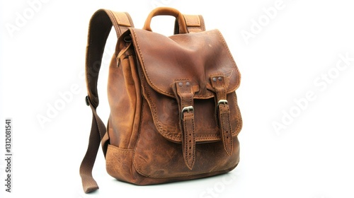A leather brown school backpack isolated on a white background, ideal for back-to-school concepts with a focus on style and functionality. photo
