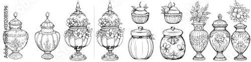 Decorative glass jars with intricate designs displayed on a table in a well-lit room during daytime