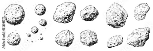 Various sizes of asteroids illustrated against a white background highlighting their textures and shapes