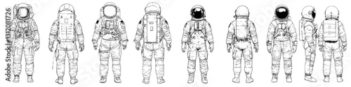 Different astronaut suit designs showcased in a detailed lineup