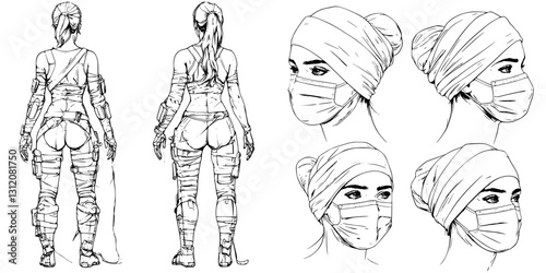 Unique character design featuring futuristic attire and facial coverings