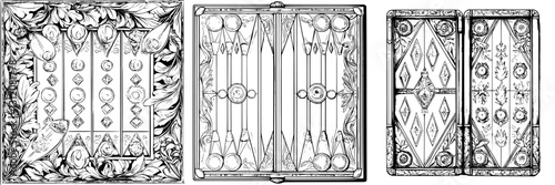 Intricate designs of ornamental doors displayed in a historical architecture showcase, featuring detailed patterns and craftsmanship