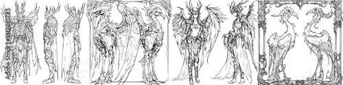 Detailed character design featuring mythical beings and elaborate costumes in a fantasy art style