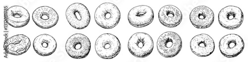 Delicious assortment of hand-drawn donuts in various shapes and textures displayed on a vintage style background