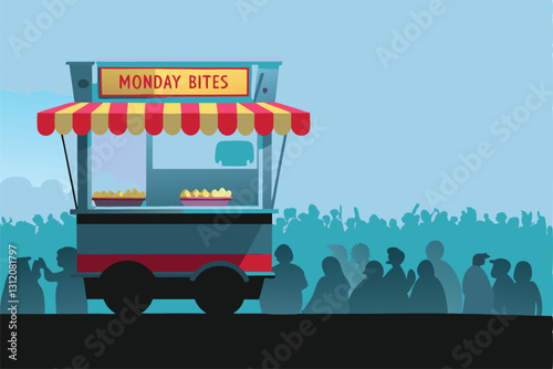 A bustling Monday morning street scene featuring a vibrant food cart, showcasing a single delicious item for sale, with diverse customers interacting.