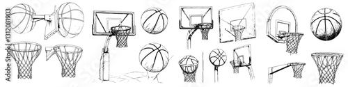 Various sketches of basketball hoops and balls set in different positions and perspectives during a practice session