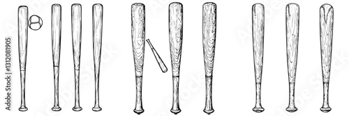 Collection of vintage baseball bats arranged in a linear display showcasing craftsmanship and history