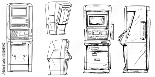 Various types of automated teller machines displayed in detailed sketches from different angles