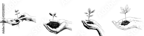 A human hand is depicted holding a handful of soil containing a young sprout, represented as a modern outline doodle icon