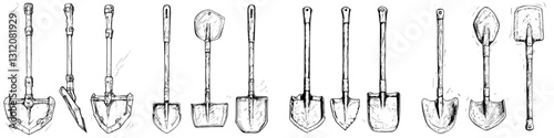 Collection of various shovel designs arranged neatly for reference and inspiration in gardening and construction tasks