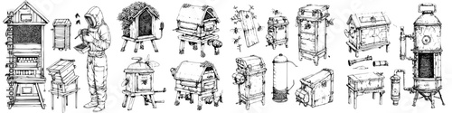 Detailed illustrations of beekeeping equipment and practices for sustainable apiary management