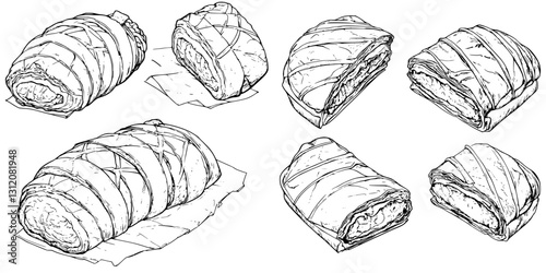 Freshly baked pastries on parchment paper, showcasing intricate designs and textures for a bakery display