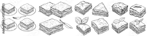 Different varieties of layered pastry displayed on plates, showcasing delicious desserts and their textures in detail at a bakery