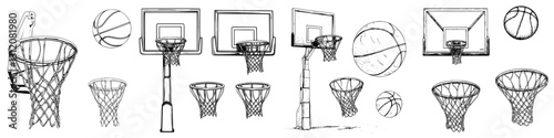 Sketches of basketball hoops and balls showing various angles and positions in a playful artistic manner