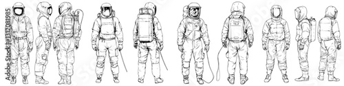Different designs of space suits featuring various styles and accessories during a futuristic mission