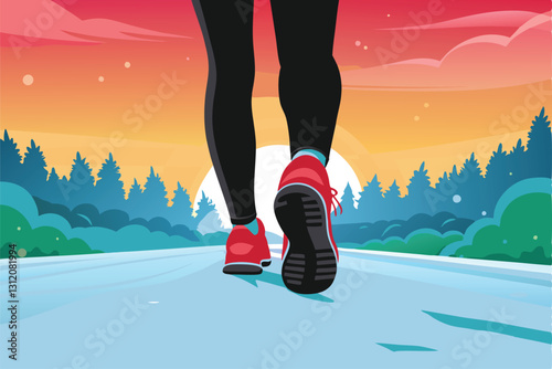A lone jogger silhouetted against a vibrant, colorful sunrise, running on a paved path.  The scene evokes a feeling of peaceful morning exercise.