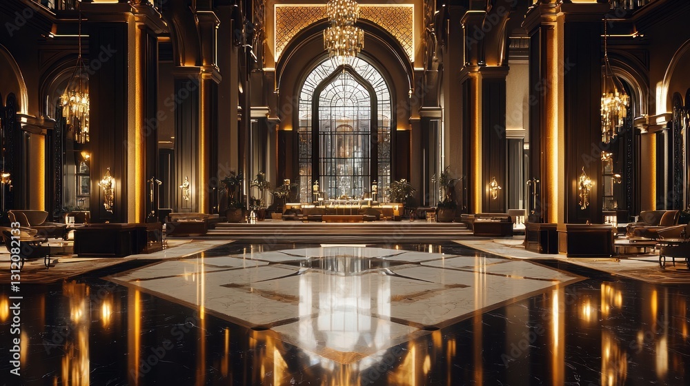 Fototapeta premium Luxurious hotel lobby with grand architecture, marble floors, and elegant furniture.