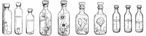 Glass bottles with various designs and contents arranged in a colorful display