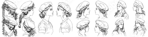 Collection of detailed sketches illustrating women wearing various styles of hats in profile view during a creative session at an art studio