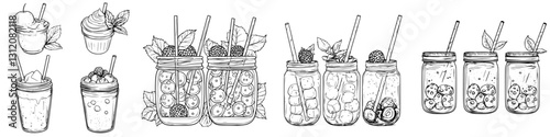 Collection of hand-drawn fruit beverages and desserts displayed in jars and cups on a white background