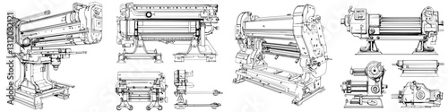 Various industrial machinery designs showcasing cutting and manufacturing equipment from different angles and perspectives