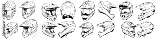 Collection of detailed helmet designs showcasing various angles and styles for off-road cycling photo