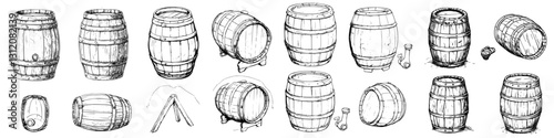 Various wooden barrels displayed in different perspectives and styles showcasing traditional craftsmanship and design