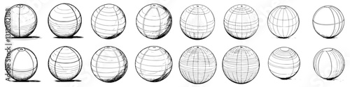Different stages of spherical shape development showcased through technical sketches