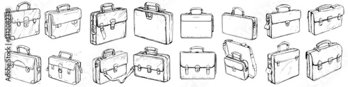 Variety of vintage briefcases with different styles and shapes arranged in a detailed illustration
