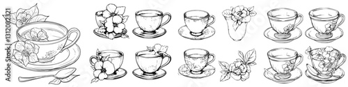 Sketches of floral tea cups and decorative elements showcasing a calming afternoon tea setting