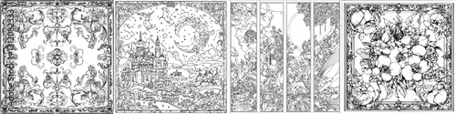 Intricate black and white illustrations featuring detailed floral and fantastical landscapes for coloring creativity
